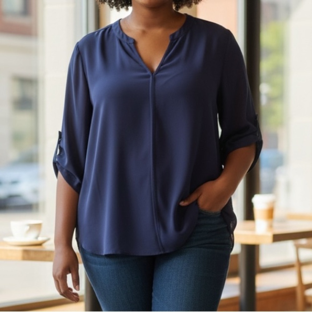 41 Hawthorn Navy Pleated V-Neck Blouse